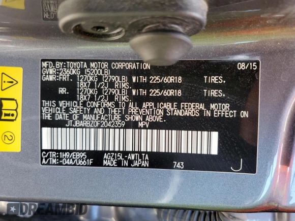 2015 Lexus NX 200t with VIN JTJBARBZ0F2042359, listed as a Copart auction lot 60985705 with 147,584 mi miles and Salvage title. Bid and sale history available at DreamBid. Image 14.