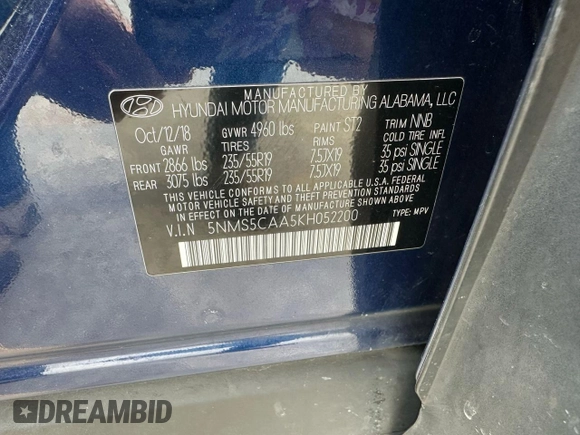 2019 Hyundai Santa Fe Ultimate with VIN 5NMS5CAA5KH052200, listed as a Copart auction lot 47999615 with 102,759 mi miles and Clean Title. Bid and sale history available at carsss.com. Image 10.