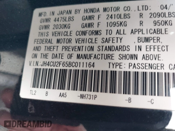 2011 Acura TSX with VIN JH4CU2F65BC011164, listed as a IAAI auction lot 41955451 with 201,953 mi miles. Bid and sale history available at carsss.com. Image 9.