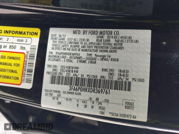 2013 Ford Fusion SE with VIN 3FA6P0HRXDR369761, listed as a IAAI auction lot 42299473 with 61,330 mi miles and . Bid and sale history available at DreamBid. Image 9.