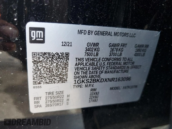 2022 GMC Yukon SLT with VIN 1GKS2BKDXNR163096, listed as a Copart auction lot 43572645 with 0 mi miles and Non Repairable. Bid and sale history available at carsss.com. Image 13.