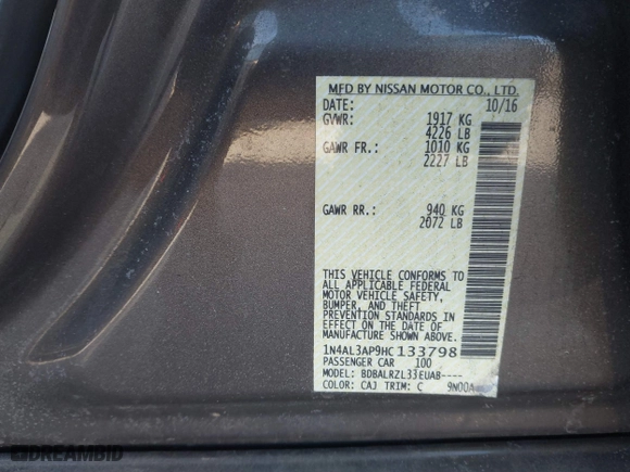 2017 Nissan Altima 2.5 SR with VIN 1N4AL3AP9HC133798, listed as a IAAI auction lot 41582890 with 57,440 mi miles. Bid and sale history available at carsss.com. Image 9.