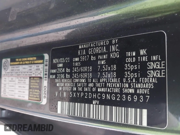 2022 Kia Telluride LX with VIN 5XYP2DHC9NG236937, listed as a IAAI auction lot 41475675 with 87,086 mi miles and . Bid and sale history available at DreamBid. Image 9.