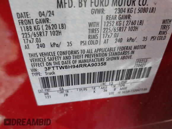 2024 Ford Maverick XLT z VIN 3FTTW8H94RRA90358, wystawiony jako IAAI lot #41842020 z przebiegiem 8 433 mil mil oraz . Historia ofert i sprzedaży dostępna na DreamBid. Obrazek 9.