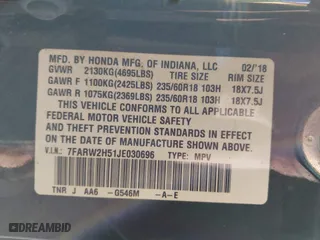 2018 Honda CR-V EX with VIN 7FARW2H51JE030696, listed as a IAAI auction lot 41654439 with 92,705 mi miles. Bid and sale history available at carsss.com. Image 9.