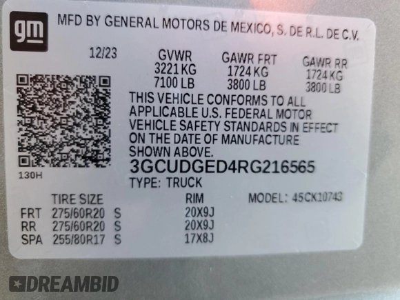 2024 Chevrolet Silverado 1500 LTZ with VIN 3GCUDGED4RG216565, listed as a Copart auction lot 88166225 with 7,703 mi miles and Salvage Title. Bid and sale history available at DreamBid. Image 12.