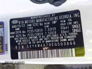 2014 Kia Sorento SX with VIN 5XYKW4A79EG503666, listed as a IAAI auction lot 41270621 with 189,462 mi miles. Bid and sale history available at carsss.com. Image 9.