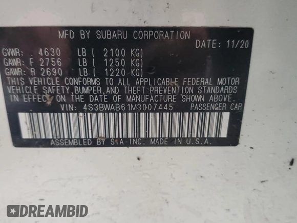 2021 Subaru Legacy with VIN 4S3BWAB61M3007445, listed as a Copart auction lot 86323394 with Not provided miles and Salvage title. Bid and sale history available at DreamBid. Image 12.