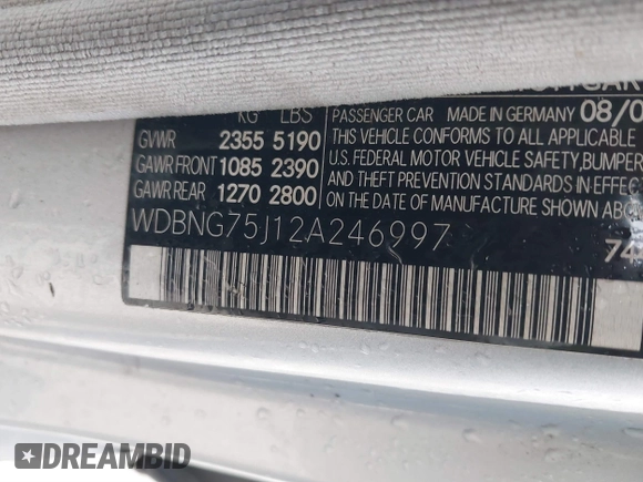 2002 Mercedes-Benz S-Class 5.0L with VIN WDBNG75J12A246997, listed as a IAAI auction lot 41566423 with 181,940 mi miles. Bid and sale history available at carsss.com. Image 9.