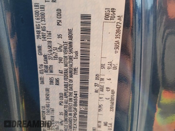 2016 Ford F-150 XLT z VIN 1FTEX1EP6GFB65541, wystawiony jako Copart lot #60967245 z przebiegiem Nie podano mil oraz Nie do naprawy • Non repairable. Historia ofert i sprzedaży dostępna na DreamBid. Obrazek 14.