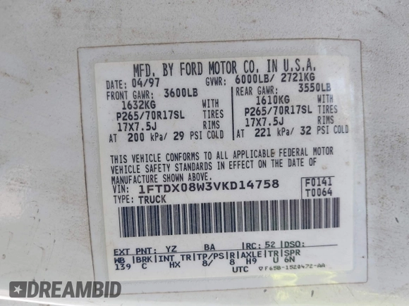 1997 Ford F-150 с VIN 1FTDX08W3VKD14758, выставлен на аукционе IAAI как лот 42491545 с пробегом 154 640 миль миль и . История ставок и продаж доступна на DreamBid. Изображение 9.