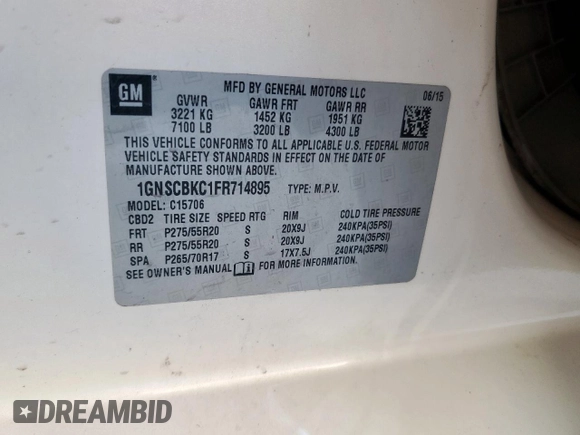 2015 Chevrolet Tahoe LT with VIN 1GNSCBKC1FR714895, listed as a Copart auction lot 60787185 with 239,815 mi miles and Salvage title. Bid and sale history available at DreamBid. Image 13.