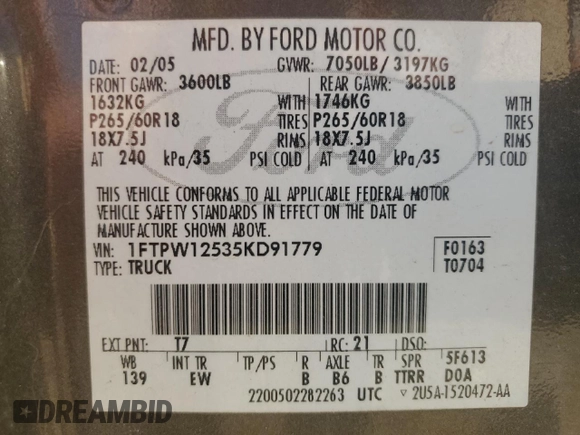 2005 Ford F-150 XLT с VIN 1FTPW12535KD91779, выставлен на аукционе Copart как лот 65586615 с пробегом 162 517 миль миль и Чистый • Clean title. История ставок и продаж доступна на DreamBid. Изображение 12.
