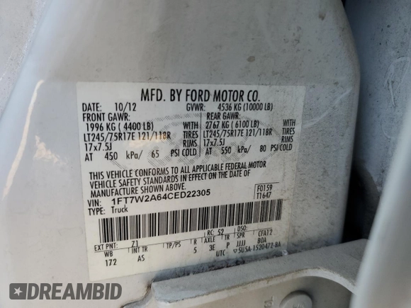 2012 Ford F-250 XL with VIN 1FT7W2A64CED22305, listed as a Copart auction lot 85163324 with 188,131 mi miles and Salvage title. Bid and sale history available at DreamBid. Image 15.