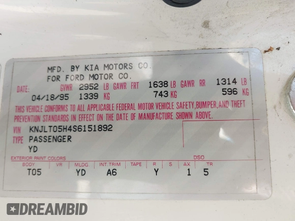 1995 Ford Aspire with VIN KNJLT05H4S6151892, listed as a IAAI auction lot 42023883 with 221,899 mi miles and . Bid and sale history available at DreamBid. Image 9.