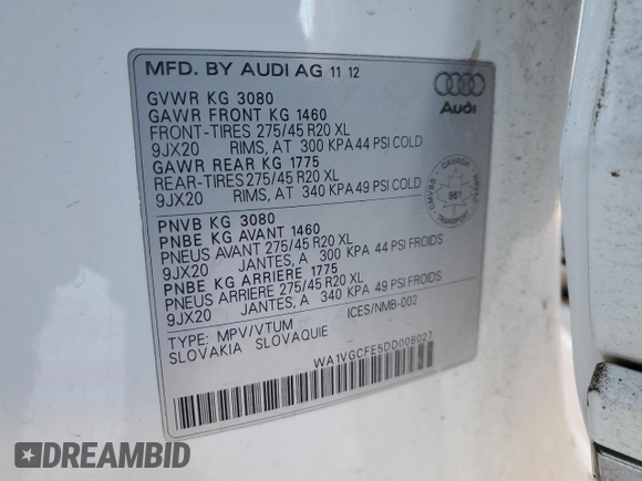 2013 Audi Q7 with VIN WA1VGCFE5DD008027, listed as a Copart auction lot 87247074 with Not provided miles and Clean title. Bid and sale history available at DreamBid. Image 13.