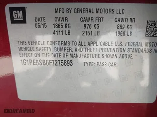 2015 Chevrolet Cruze LT with VIN 1G1PE5SB6F7275893, listed as a IAAI auction lot 42105478 with 144,037 mi miles. Bid and sale history available at carsss.com. Image 9.