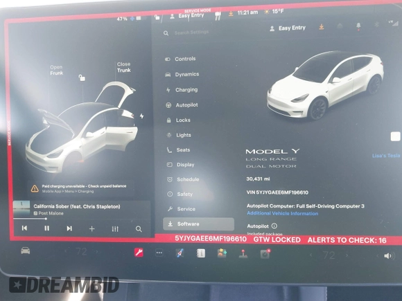 2021 Tesla Model Y Long Range with VIN 5YJYGAEE6MF196610, listed as a IAAI auction lot 41516909 with 30,431 mi miles. Bid and sale history available at carsss.com. Image 19.