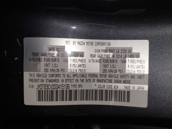 2013 Mazda CX-9 Touring z VIN JM3TB3CV0D0415199, wystawiony jako IAAI lot #42029040 z przebiegiem 154 404 mil mil oraz . Historia ofert i sprzedaży dostępna na DreamBid. Obrazek 9.