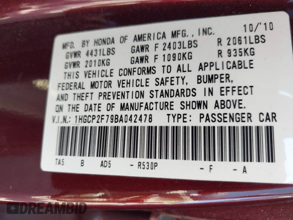 2011 Honda Accord EX with VIN 1HGCP2F79BA042478, listed as a IAAI auction lot 42646921 with 141,640 mi miles and . Bid and sale history available at DreamBid. Image 9.