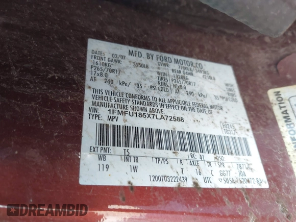 2007 Ford Expedition Eddie Bauer с VIN 1FMFU185X7LA72588, выставлен на аукционе IAAI как лот 41740134 с пробегом Не указан миль и . История ставок и продаж доступна на DreamBid. Изображение 9.