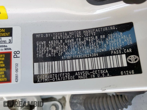 2012 Toyota Camry L with VIN 4T1BF1FK8CU624384, listed as a Copart auction lot 53509145 with 135,044 mi miles and Salvage Title. Bid and sale history available at DreamBid. Image 13.
