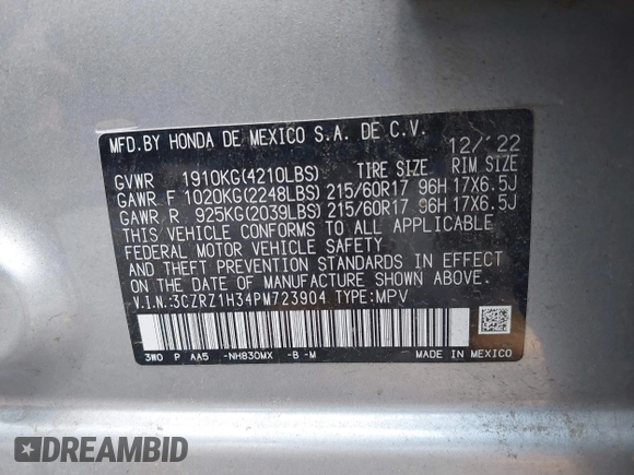 2023 Honda HR-V LX with VIN 3CZRZ1H34PM723904, listed as a IAAI auction lot 42473267 with 18,181 mi miles and . Bid and sale history available at DreamBid. Image 9.