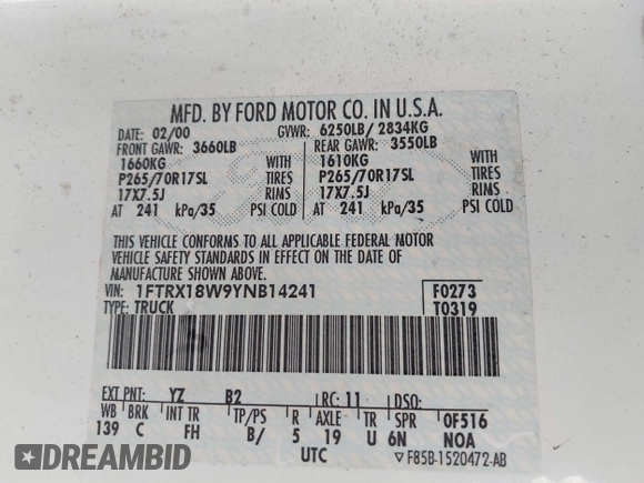2000 Ford F-150 XL with VIN 1FTRX18W9YNB14241, listed as a IAAI auction lot 41494972 with Not provided miles and . Bid and sale history available at DreamBid. Image 9.
