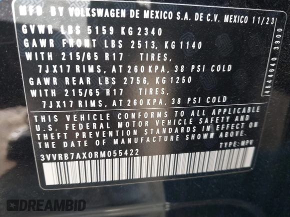 2024 Volkswagen Tiguan S with VIN 3VVRB7AX0RM055422, listed as a IAAI auction lot 42344755 with 20,670 mi miles and . Bid and sale history available at DreamBid. Image 9.