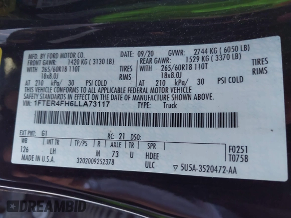 2020 Ford Ranger XL with VIN 1FTER4FH6LLA73117, listed as a IAAI auction lot 41801907 with 125,736 mi miles and . Bid and sale history available at DreamBid. Image 9.