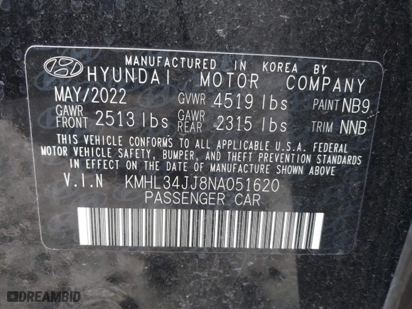 2022 Hyundai Sonata Hybrid SEL with VIN KMHL34JJ8NA051620, listed as a IAAI auction lot 41656627 with 42,253 mi miles. Bid and sale history available at carsss.com. Image 9.
