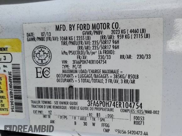 2014 Ford Fusion SE with VIN 3FA6P0H74ER104754, listed as a Copart auction lot 84275704 with Not Provided miles and Clean Title. Bid and sale history available at carsss.com. Image 12.