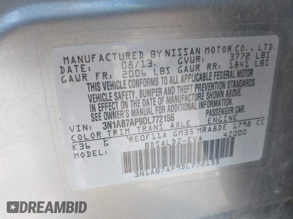 2013 Nissan Sentra SR with VIN 3N1AB7AP9DL772155, listed as a IAAI auction lot 42101117 with 112,209 mi miles and . Bid and sale history available at DreamBid. Image 9.