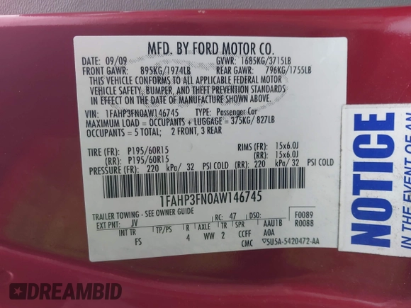 2010 Ford Focus SE with VIN 1FAHP3FN0AW146745, listed as a IAAI auction lot 40869446 with 155,030 mi miles and . Bid and sale history available at DreamBid. Image 9.