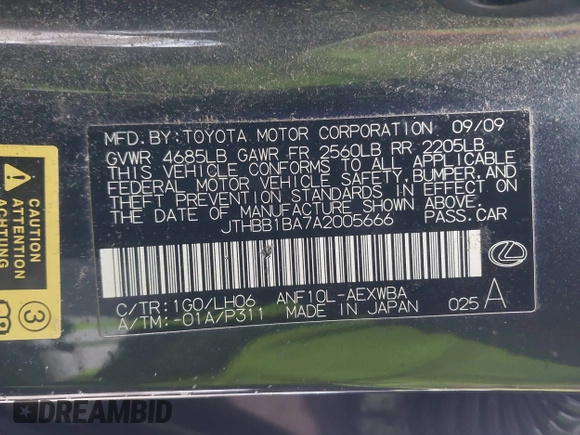 2010 Lexus HS 250h with VIN JTHBB1BA7A2005666, listed as a IAAI auction lot 41556807 with 227,184 mi miles and . Bid and sale history available at DreamBid. Image 9.