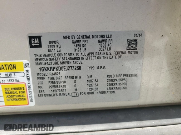 2014 GMC Acadia SLE with VIN 1GKKRPKD0EJ273260, listed as a Copart auction lot 44143755 with 168,225 mi miles and Clean Title. Bid and sale history available at carsss.com. Image 13.