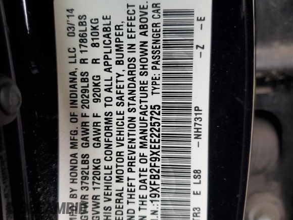 2014 Honda Civic EX-L with VIN 19XFB2F9XEE225725, listed as a Copart auction lot 52593905 with 140,534 mi miles and Salvage Title. Bid and sale history available at DreamBid. Image 14.