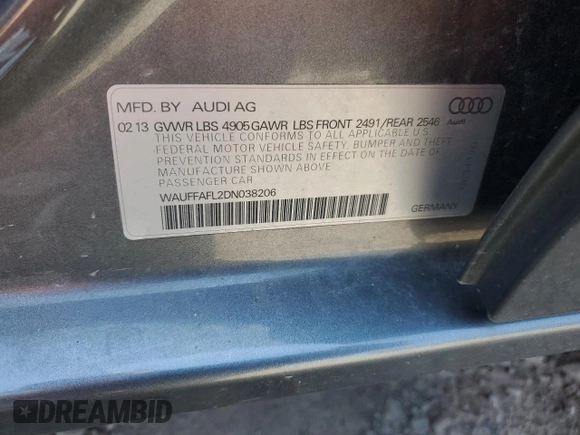2013 Audi A4 Premium Plus with VIN WAUFFAFL2DN038206, listed as a Copart auction lot 53496745 with 131,005 mi miles and Salvage Title. Bid and sale history available at carsss.com. Image 12.
