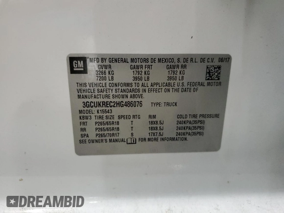 2017 Chevrolet Silverado 1500 LT with VIN 3GCUKREC2HG486076, listed as a Copart auction lot 54891375 with 110,103 mi miles and Salvage Title. Bid and sale history available at DreamBid. Image 13.