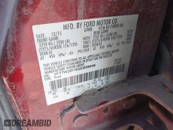 2016 Ford F-250 Lariat with VIN 1FT7W2BT6GEB58646, listed as a IAAI auction lot 41583087 with 202,550 mi miles and . Bid and sale history available at DreamBid. Image 9.