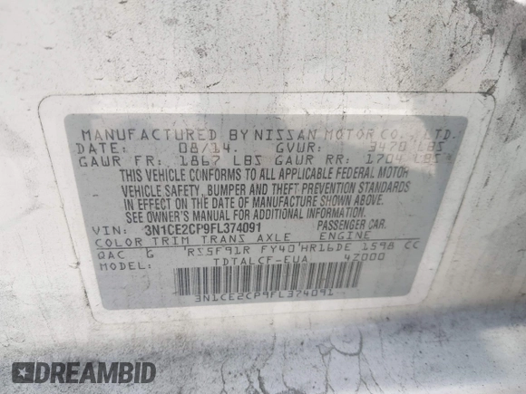 2015 Nissan Note SV with VIN 3N1CE2CP9FL374091, listed as a IAAI auction lot 41565819 with Not Provided miles and . Bid and sale history available at DreamBid. Image 9.