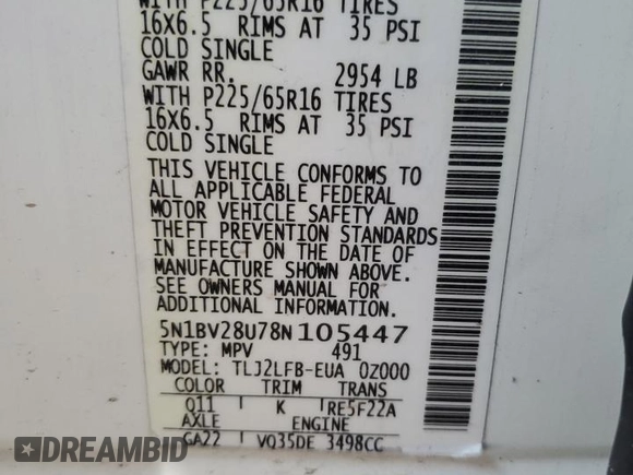 2008 Nissan Quest with VIN 5N1BV28U78N105447, listed as a Copart auction lot 69270434 with 241,697 mi miles and Salvage Title. Bid and sale history available at carsss.com. Image 15.