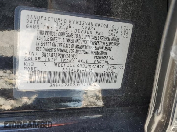 2017 Nissan Sentra S z VIN 3N1AB7AP2HY241906, wystawiony jako Copart lot #60789475 z przebiegiem 113 318 mil mil oraz Szkoda całkowita • Salvage title. Historia ofert i sprzedaży dostępna na DreamBid. Obrazek 12.