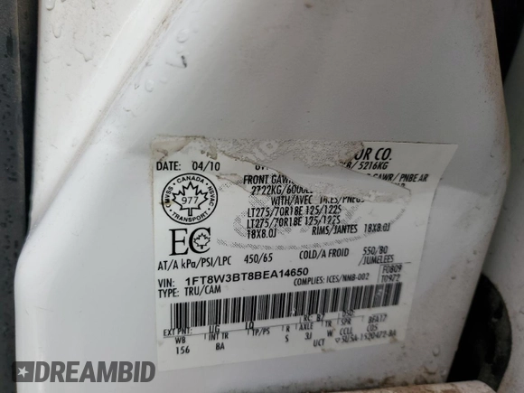 2011 Ford F-350 XL with VIN 1FT8W3BT8BEA14650, listed as a Copart auction lot 77662334 with 338,883 mi miles and Salvage title. Bid and sale history available at DreamBid. Image 13.