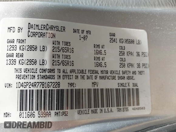 2007 Dodge Grand Caravan SE z VIN 1D4GP24R77B167228, wystawiony jako IAAI lot #42062853 z przebiegiem 133 659 mil mil oraz . Historia ofert i sprzedaży dostępna na DreamBid. Obrazek 9.
