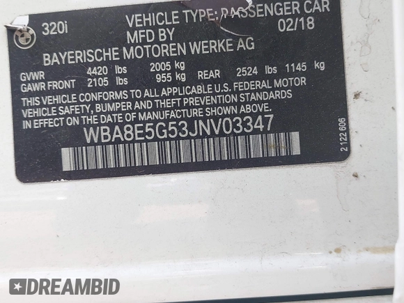 2018 BMW 3 Series 320i xDrive with VIN WBA8E5G53JNV03347, listed as a IAAI auction lot 41908985 with 122,111 mi miles. Bid and sale history available at carsss.com. Image 9.