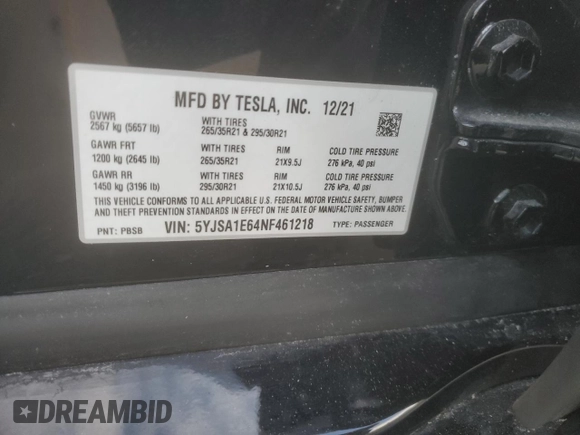 2022 Tesla Model S Plaid z VIN 5YJSA1E64NF461218, wystawiony jako Copart lot #84467644 z przebiegiem Nie podano mil oraz Szkoda całkowita • Salvage title. Historia ofert i sprzedaży dostępna na DreamBid. Obrazek 13.