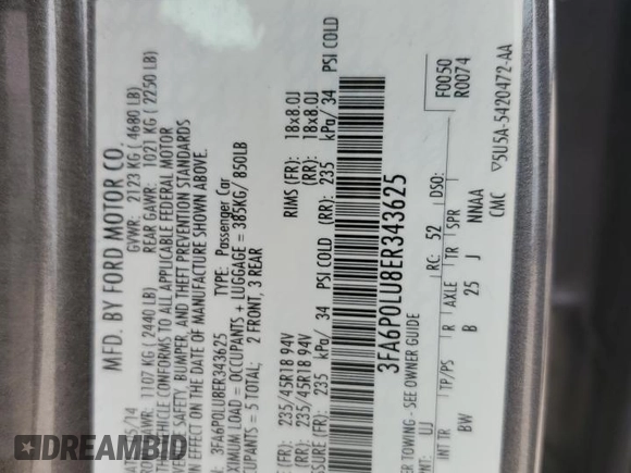2014 Ford Fusion SE Hybrid with VIN 3FA6P0LU8ER343625, listed as a Copart auction lot 54844285 with 181,631 mi miles and Salvage Title. Bid and sale history available at DreamBid. Image 12.