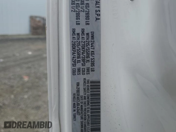 2018 Ram ProMaster City Cargo Tradesman with VIN ZFBERFAB2J6L43487, listed as a Copart auction lot 68711734 with 125,806 mi miles and Salvage Title. Bid and sale history available at DreamBid. Image 13.