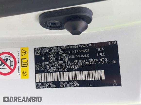 2017 Lexus RX 350 with VIN 2T2ZZMCA3HC038392, listed as a IAAI auction lot 39197812 with Not provided miles and . Bid and sale history available at DreamBid. Image 9.